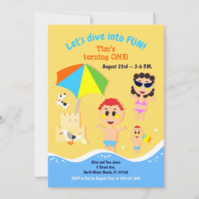 Baby boy first birthday beach party invitation (Front)