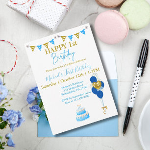 Baby Boy First Birthday Blue Gold Balloons Cake  Invitation