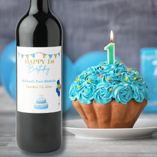 Baby Boy First Birthday Blue Gold Balloons Cake  Wine Label