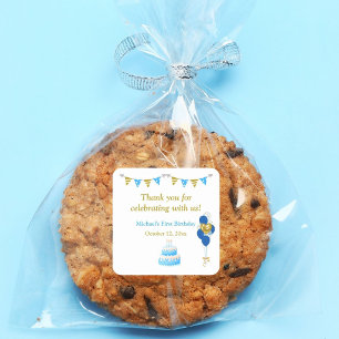 Baby Boy First Birthday Blue Gold Balloons Thanks Square Sticker