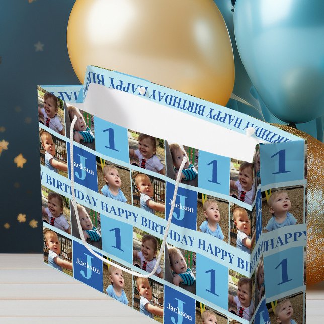 Baby Boy First Birthday Cute Blue Photo Collage Large Gift Bag (Creator Uploaded)