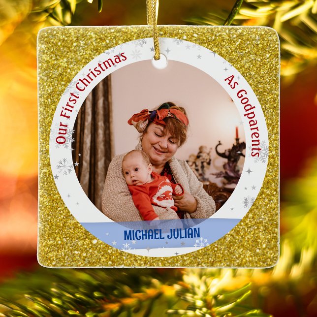 Baby Boy First Christmas As Godparents 2 Photos Ceramic Ornament (Elegant Modern Cute Golden Our First Christmas as Godparents Baby Boy 2 Photos Faux Glitter)