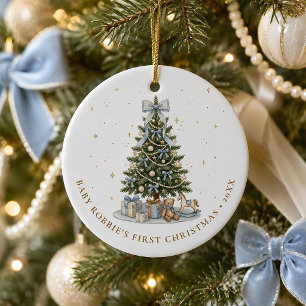 Baby Boy First Christmas Blue Bow Personalised Ceramic Tree Decoration