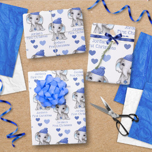 Baby Boy First Christmas Blue Elephant Personalise Wrapping Paper Sheet