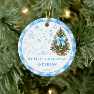 Baby Boy First Christmas Blue Gingham Bow Photo Ceramic Tree Decoration