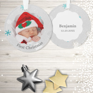 Baby Boy First Christmas Blue Snowflakes Photo Ornament