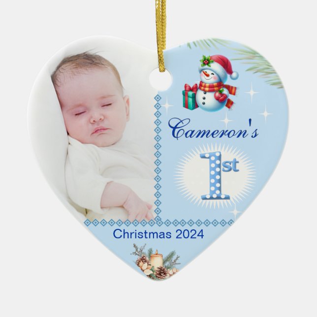 Baby Boy First Christmas Custom Photo Heart Gift Ceramic Tree Decoration (Front)