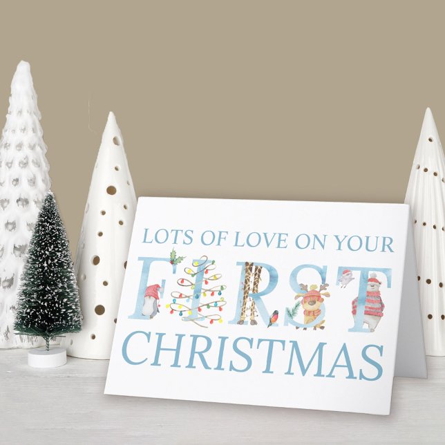 Baby Boy First Christmas Cute Animals Personalised Holiday Card (Baby Boy 1st Christmas Card. Buy professionally printed or as a printable digital download.)