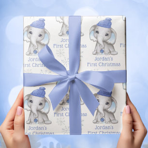 Baby Boy First Christmas Elephant Blue Snow Name Wrapping Paper Sheet
