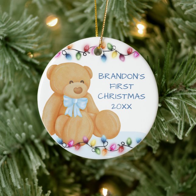 Baby Boy First Christmas Lights Teddy Bear Photo Ceramic Tree Decoration (Tree)
