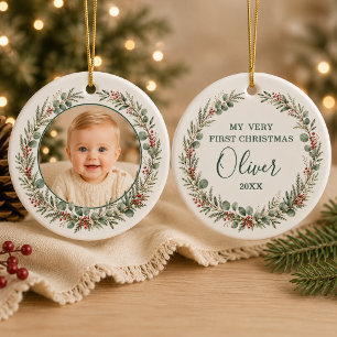 Baby Boy First Christmas Personalised Photo Ceramic Tree Decoration