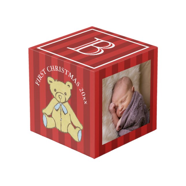 Baby Boy First Christmas Personalised Photo Cube (Front Angled)