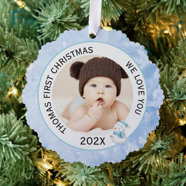 Baby Boy First Christmas Photo Icy Blue  Tree Decoration Card (Insitu (Tree))
