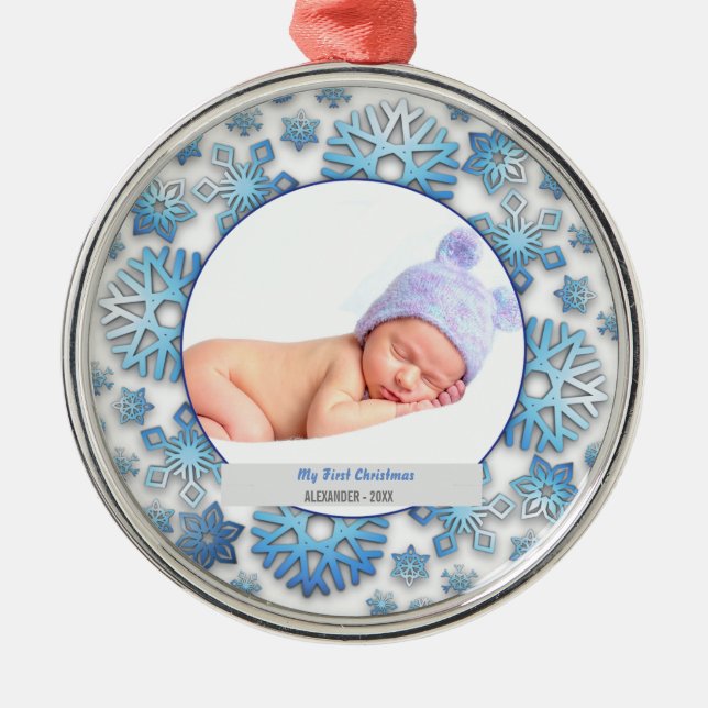 Baby Boy First Christmas Photo Snowflakes Metal Tree Decoration (Front)