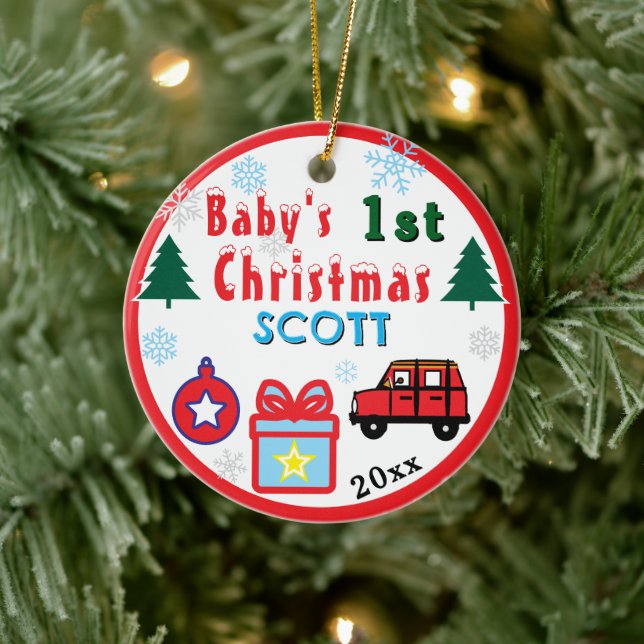 Baby Boy First Christmas Red  Car NAME Ceramic Tree Decoration (Tree)