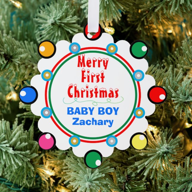 Baby Boy First Christmas Red Green Blue  Tree Decoration Card (Insitu (Tree))