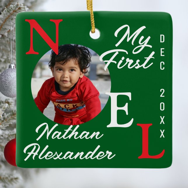 Baby Boy First Christmas Red & Green Noel Photo  Ceramic Ornament (Creator Uploaded)
