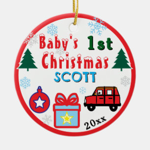 Baby Boy First Christmas Red Toy Car NAME Ceramic Tree Decoration