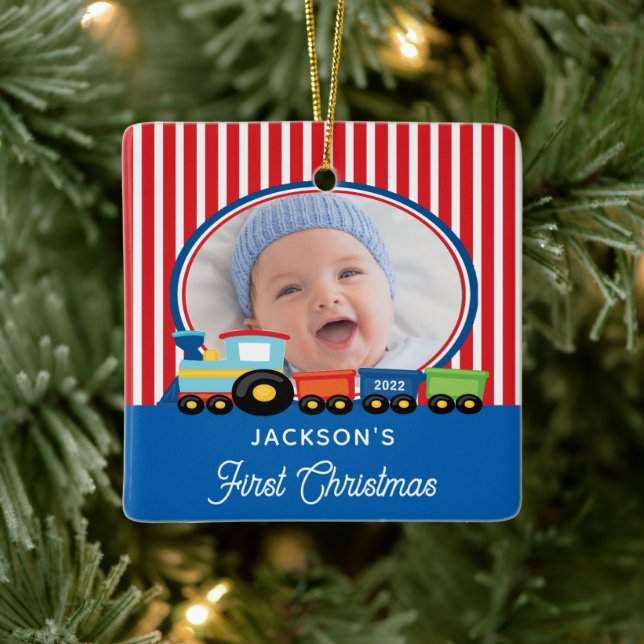 Baby Boy First Christmas Train Photo Ceramic Ornam Ceramic Ornament (Tree)