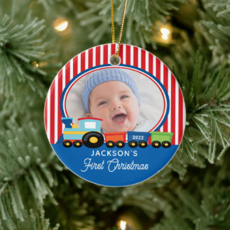 Baby Boy First Christmas Train Photo Ceramic Tree Decoration