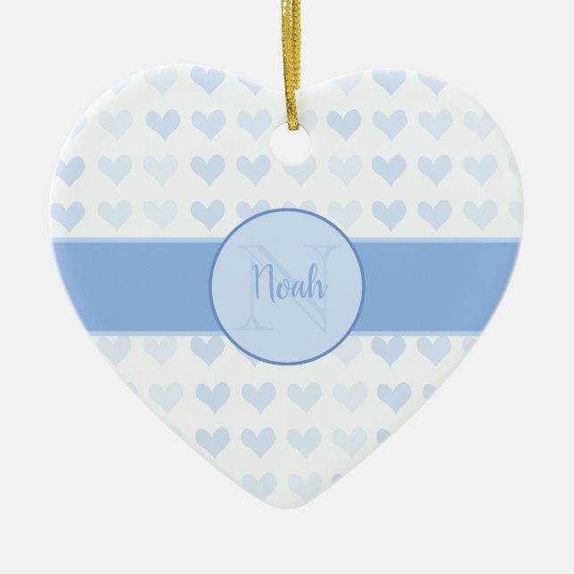 Baby Boy First Name Blue Monogram Heart Christmas Ceramic Tree Decoration (Front)