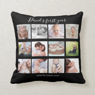 Baby Boy First Year Photo Collage Gift Black Cushion