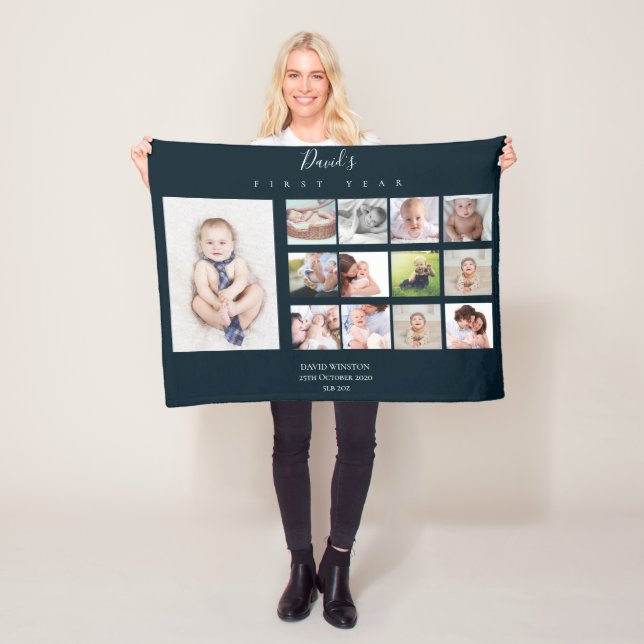 Baby Boy First Year Photo Collage Keepsake Navy Fleece Blanket (In Situ)