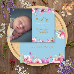 Baby Boy Floral Script Photo Thank You Birth  Announcement Postcard
