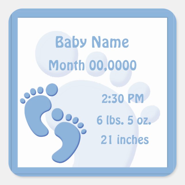 Baby Boy Footprint Little Feet Birth Announcement Square Sticker (Front)