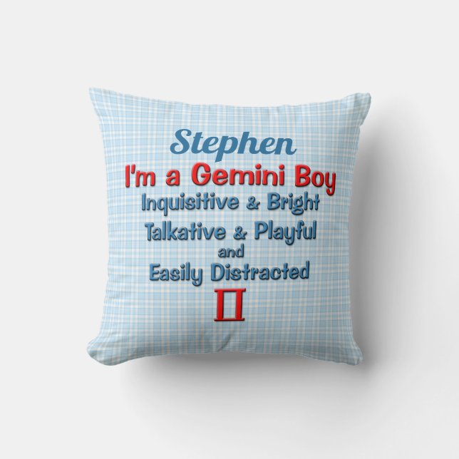 Baby Boy Gemini Zodiac Blue and Red Check Name Cushion (Front)