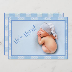 Baby Boy Gingham Plaid Modern Photo Birth Announcement