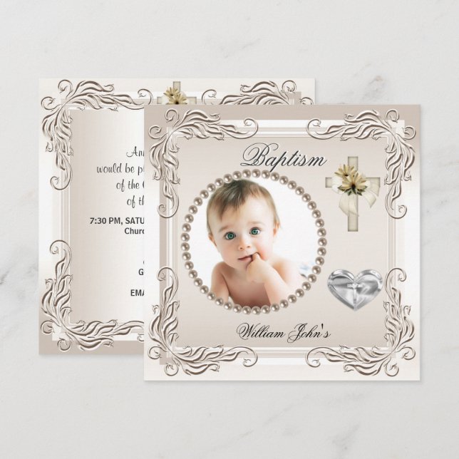 Baby Boy Girl Beige Cream Christening Baptism Invitation (Front/Back)