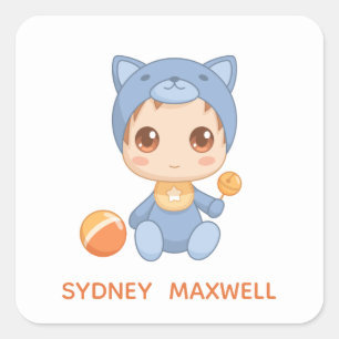 Baby Boy Girl Cat Jumpsuit Custom Name Square Sticker