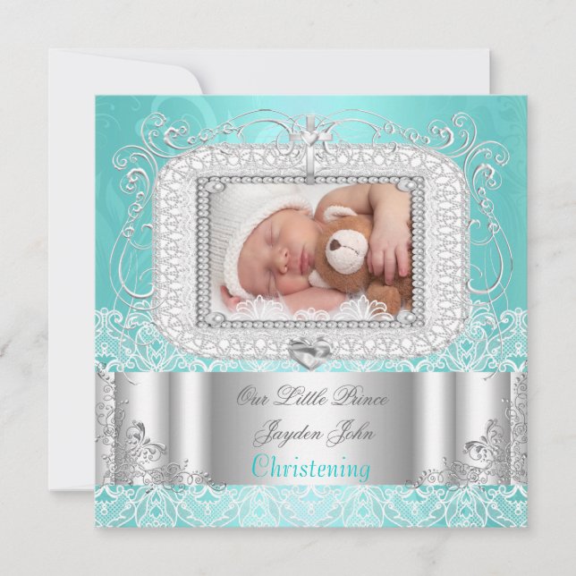 Baby Boy girl Christening Baptism teal Announcement (Front)