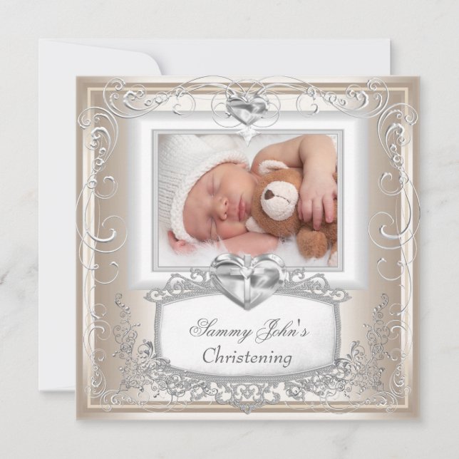 Baby Boy Girl Cream Christening Baptism Cross Invitation (Front)