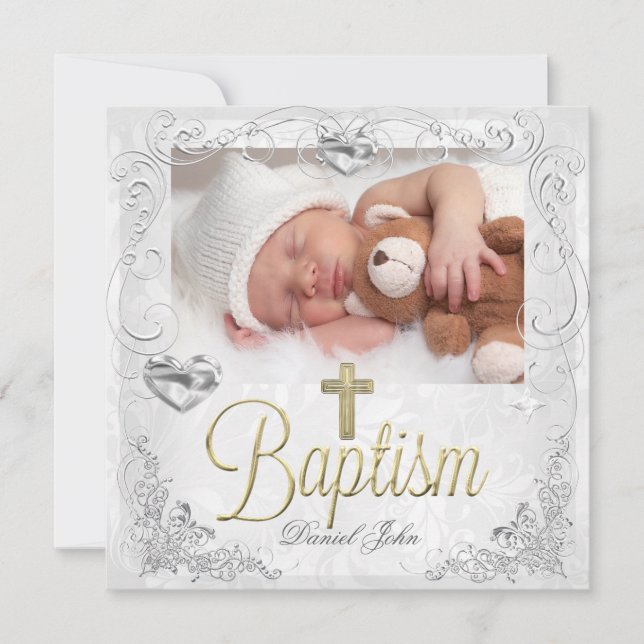 Baby Boy Girl Gold Christening Baptism Cross 3 Announcement (Front)