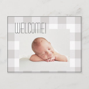 Baby Boy Girl Grey Check Name Birth Stats Baby Announcement Postcard