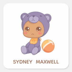 Baby Boy Girl Purple Bear Jumpsuit Custom Name Square Sticker