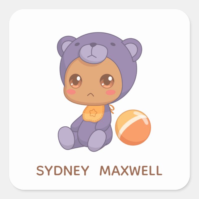Baby Boy Girl Purple Bear Jumpsuit Custom Name Square Sticker (Front)