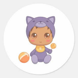 Baby Boy Girl Purple Cat Jumpsuit Classic Round Sticker
