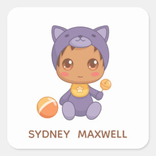 Baby Boy Girl Purple Cat Jumpsuit Custom Name Square Sticker
