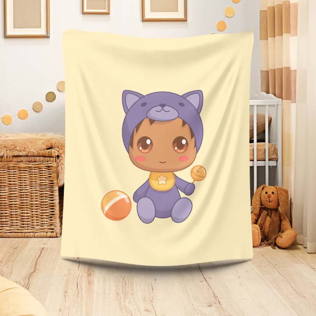 Baby Boy Girl Purple Cat Jumpsuit on Yellow Fleece Blanket (Creator Uploaded)