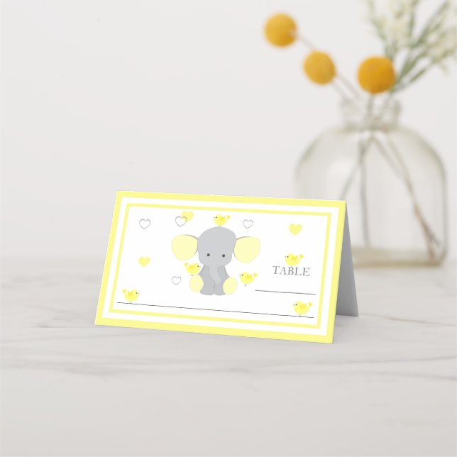 Baby Boy Girl Shower Yellow Elephant Table Place Card (Front)