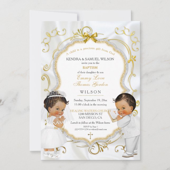Baby Boy Girl Twins Baptism Christening Communion Invitation (Front)