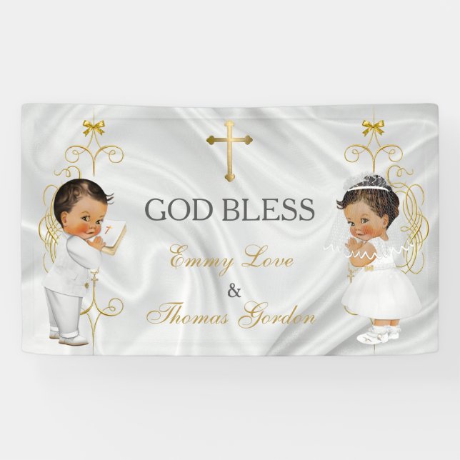 Baby Boy & Girl Twins Baptism Christening Gold Banner (Horizontal)
