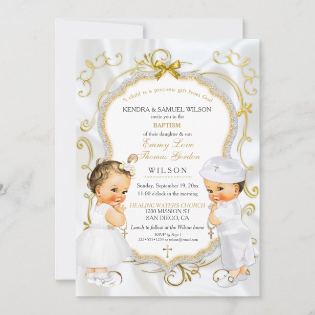 Baby Boy & Girl Twins Baptism Christening Gold Invitation (Front)
