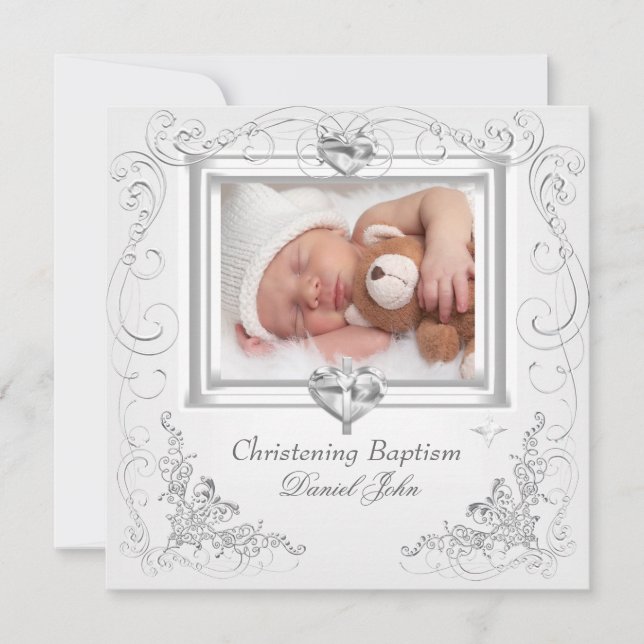 Baby Boy Girl White Christening Baptism Cross 2 Invitation (Front)