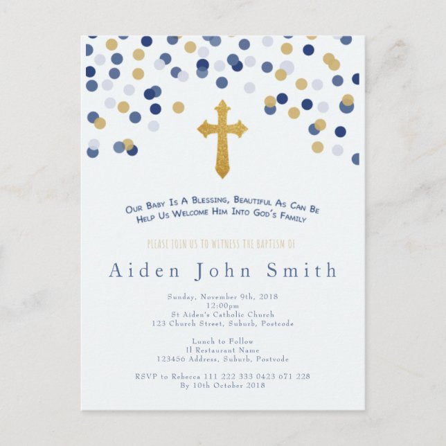 Baby Boy Gold Baptism Postcard (Front)