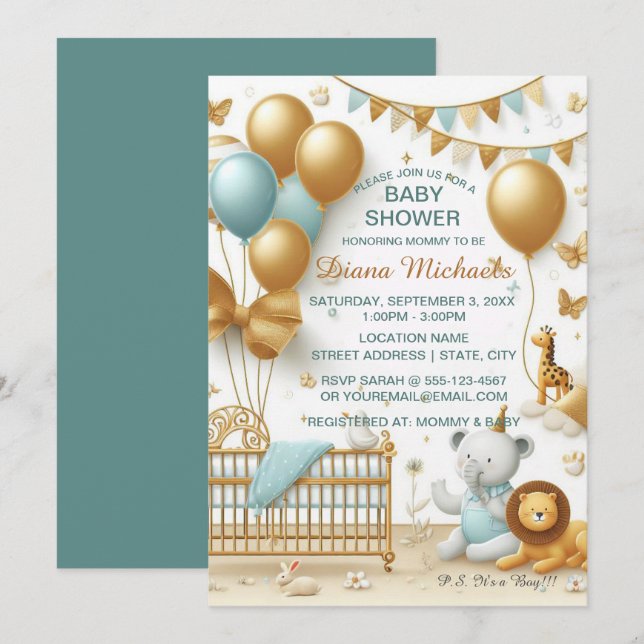 Baby Boy Golden Balloons and Toys  Invitation (Front/Back)