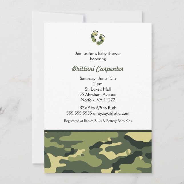 Baby Boy Green Camouflage Shower Invites feet CAMO (Front)